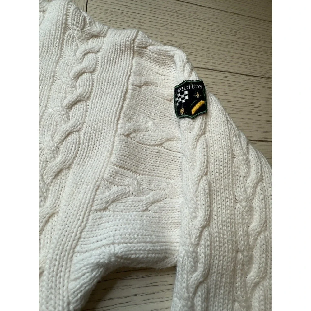 Nautica Mens White Ivory Tight-Knit Preppy Sweater Cable‎ Knit 100% Cotton Sz L
